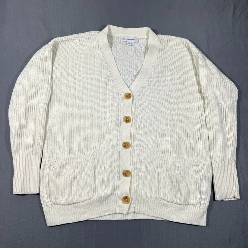 Calvin Klein Jeans Cardigan Sweater Womens Small Cream Cotton Chunky Knit V Neck